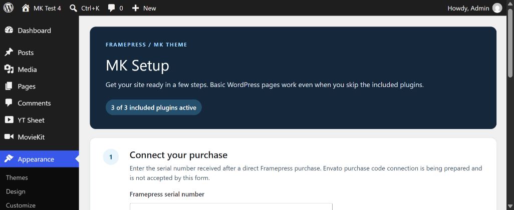 MK Setup dashboard with purchase connection and included plugin status