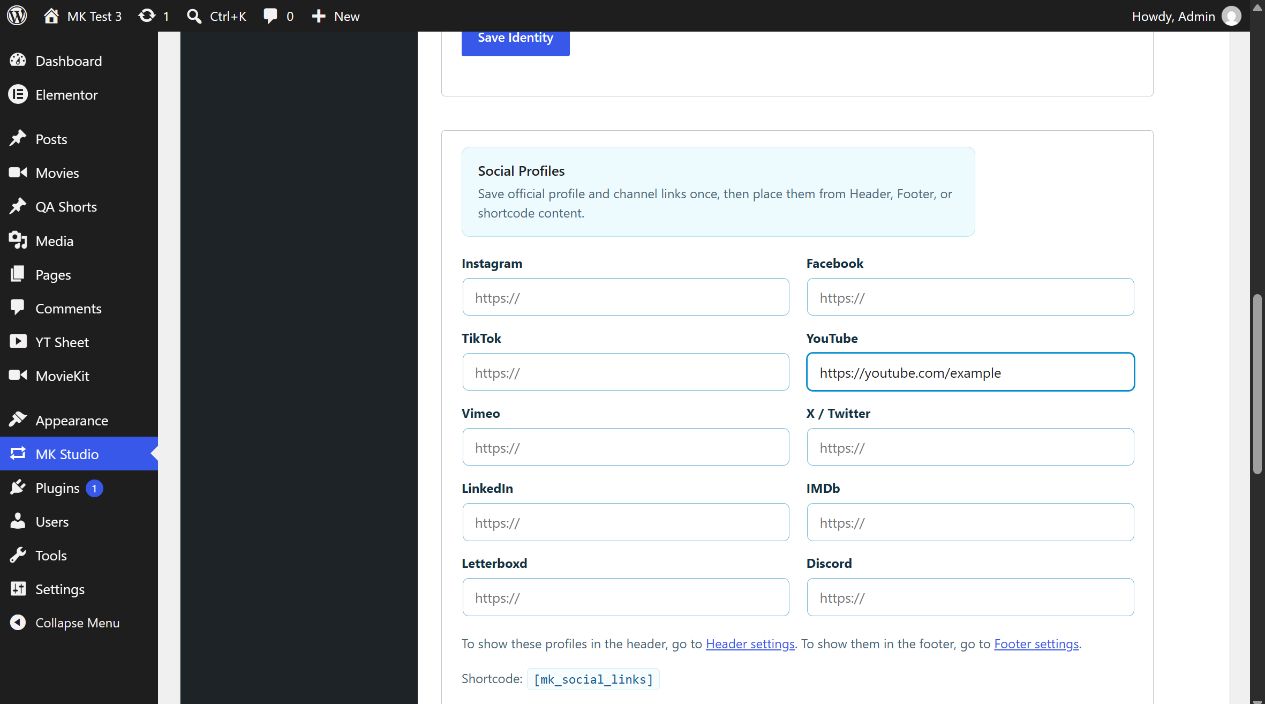 MK Studio Social Profiles URL fields