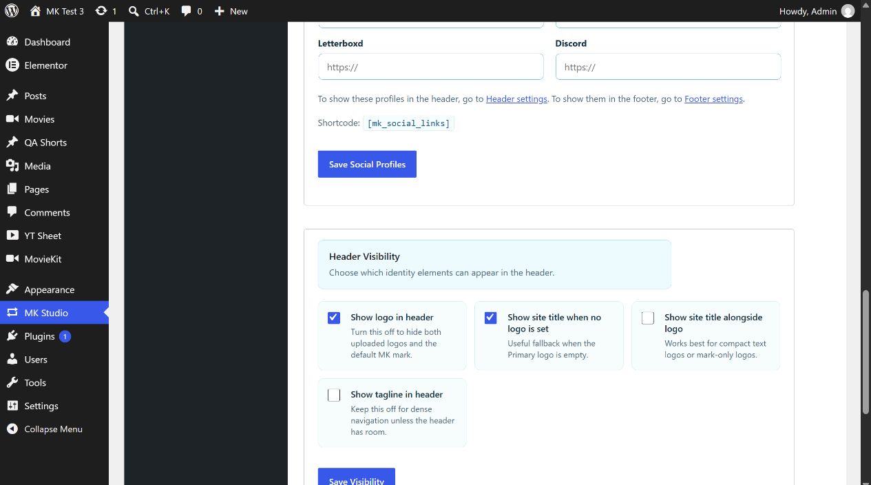 MK Studio Branding Header Visibility checkboxes