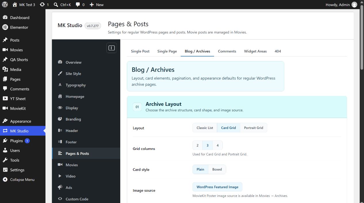 MK Studio Blog Archives layout and card controls