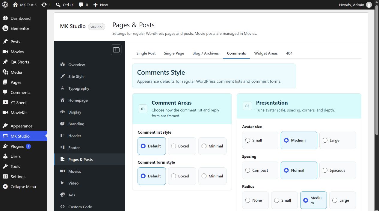 MK Studio Comments Style controls