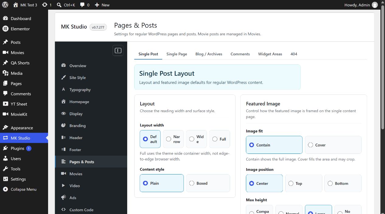MK Studio Single Post Layout controls