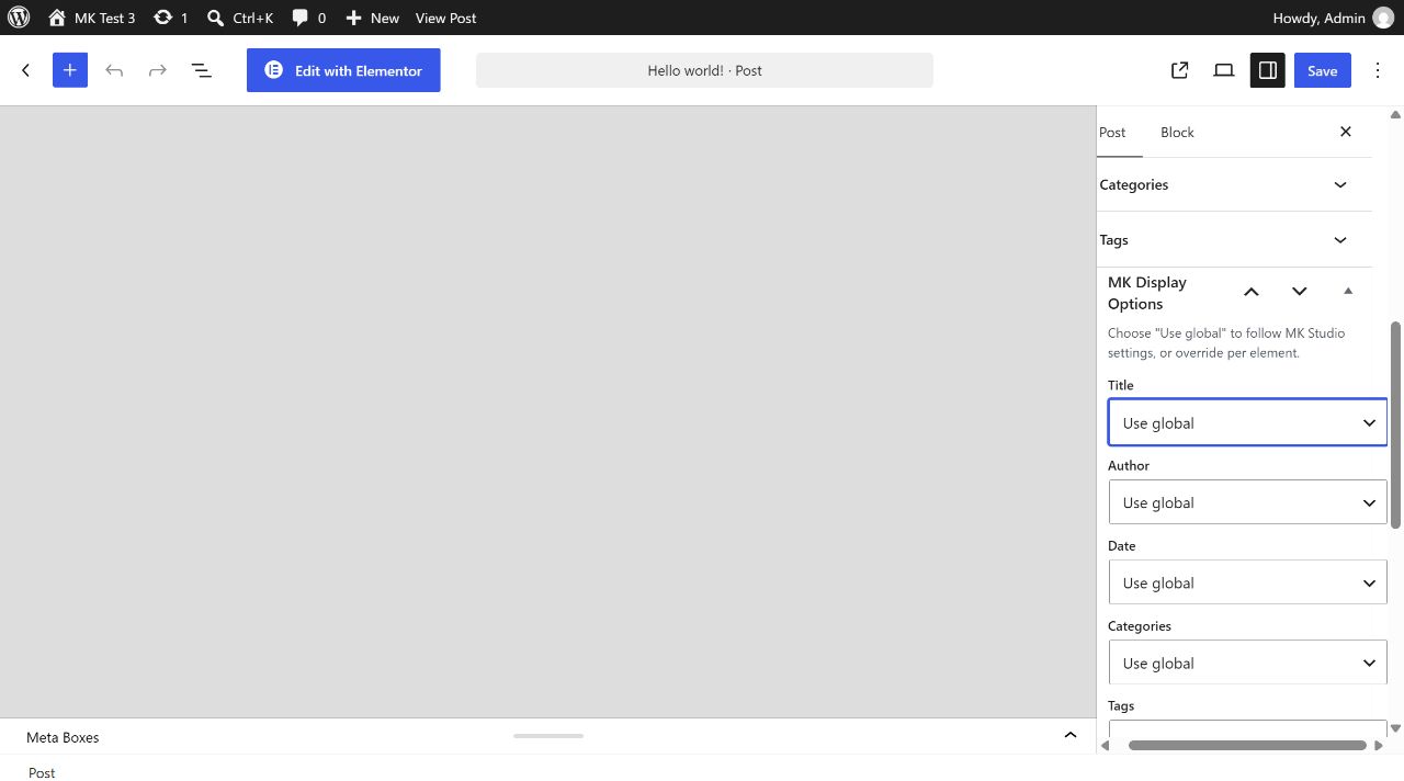 MK Display Options in the WordPress post editor