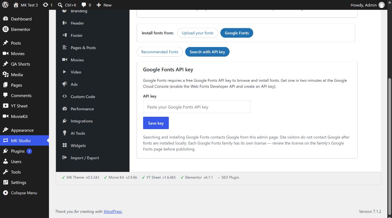 Google Fonts API key field in MK Studio Font Library