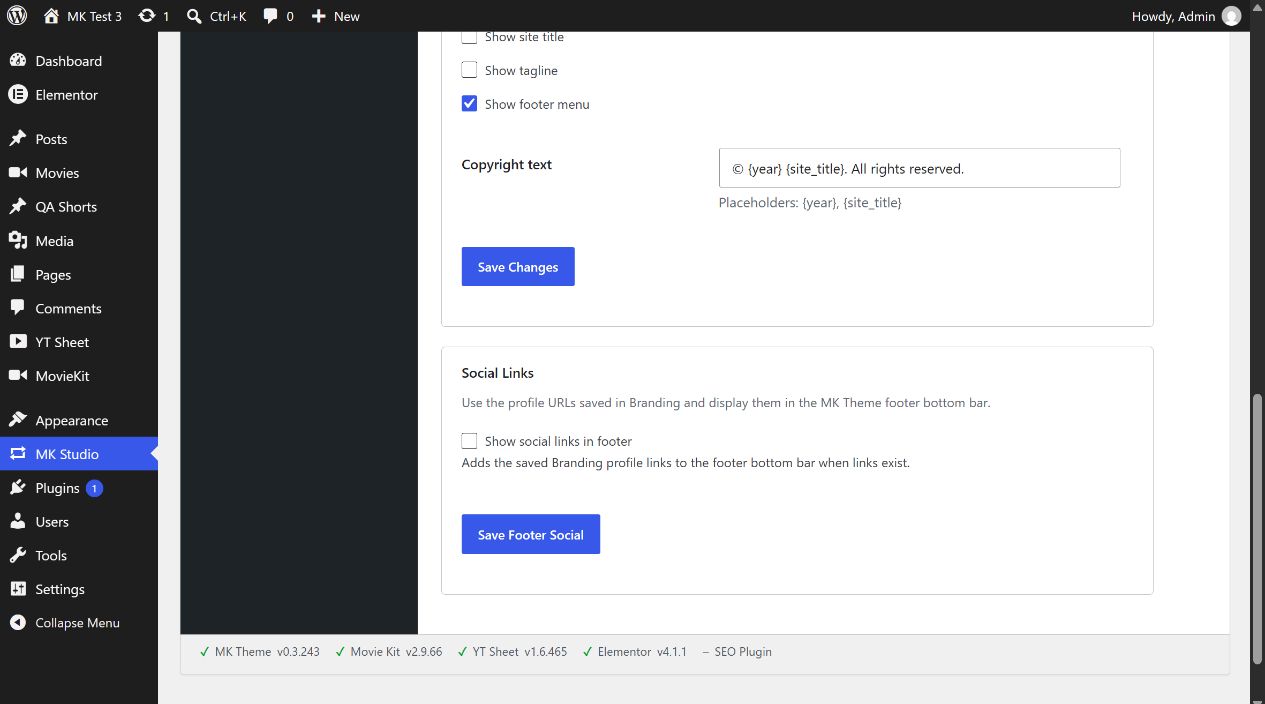 Footer copyright fields and separate social form