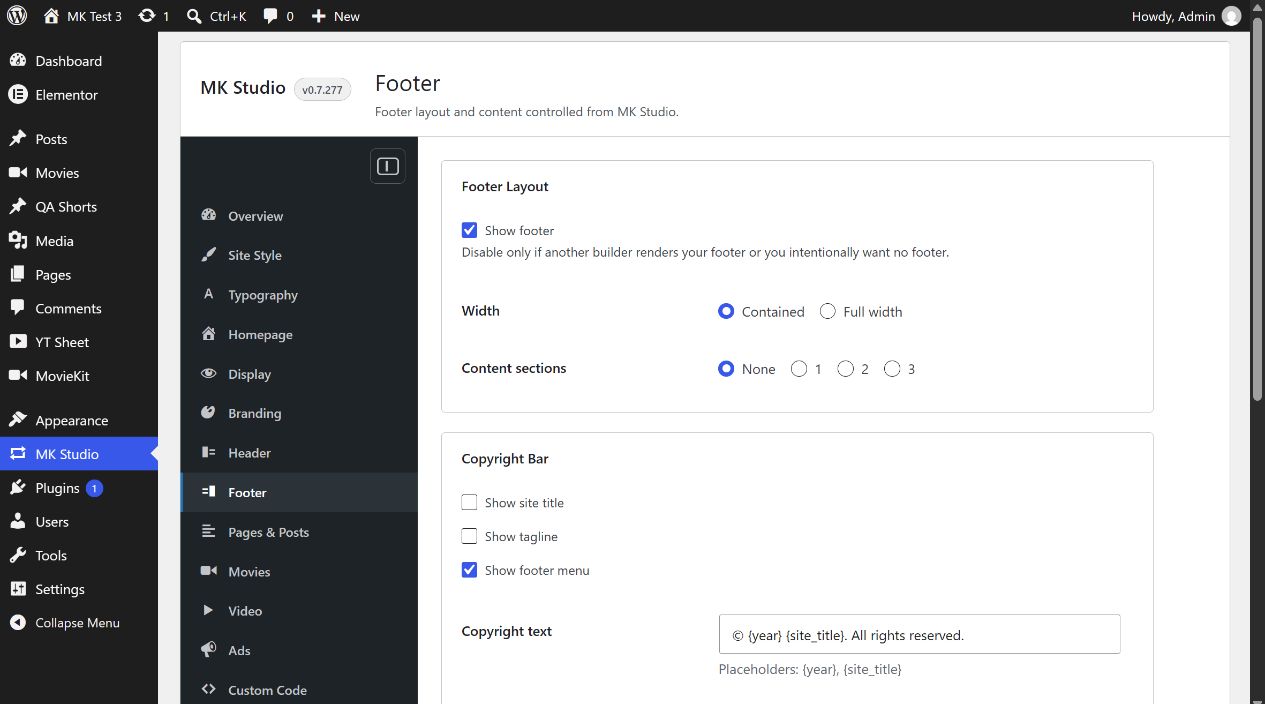 MK Studio Footer Layout and Copyright Bar