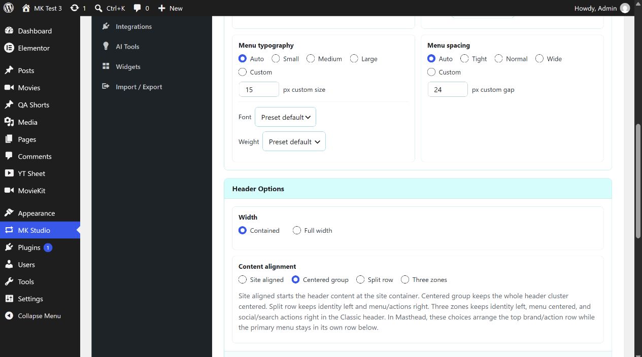 MK Studio Header width and content alignment