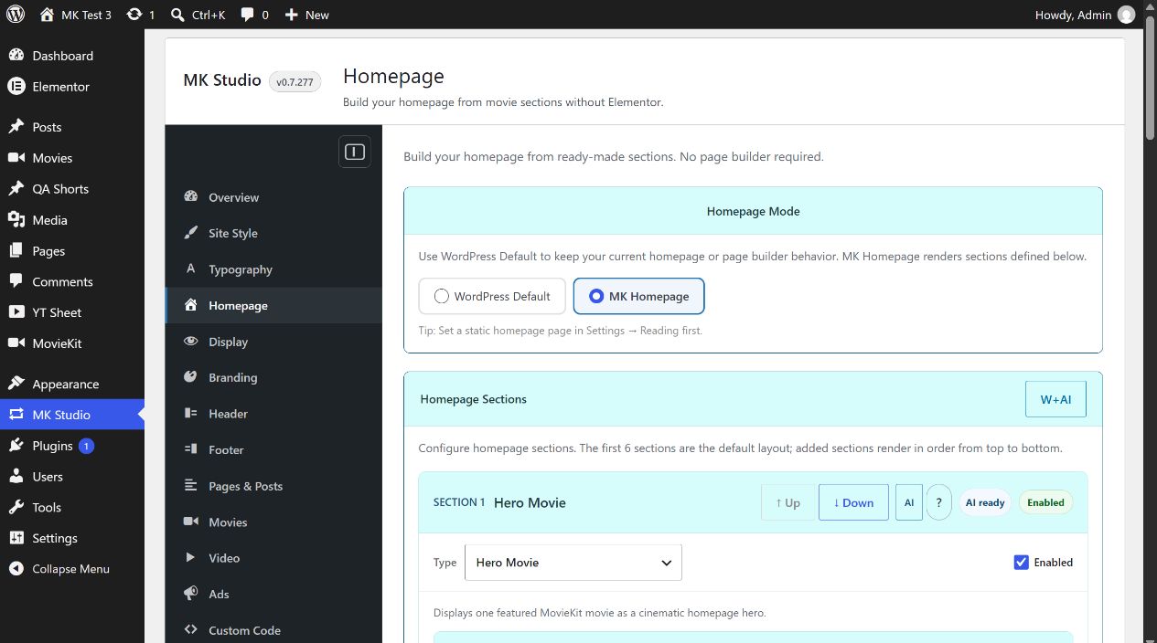 MK Studio Homepage mode and first sections