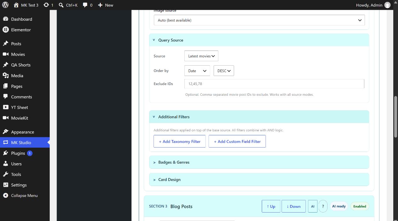 Movies section Query Source and Additional Filters