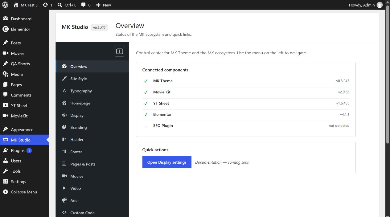 MK Studio Overview with section navigation, component status and quick action