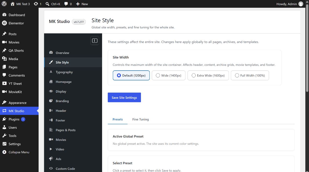 MK Studio Site Style with Site Width and Presets