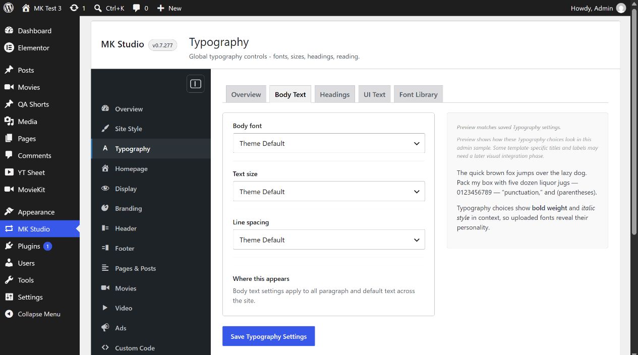 Body Text font, size and line spacing selectors