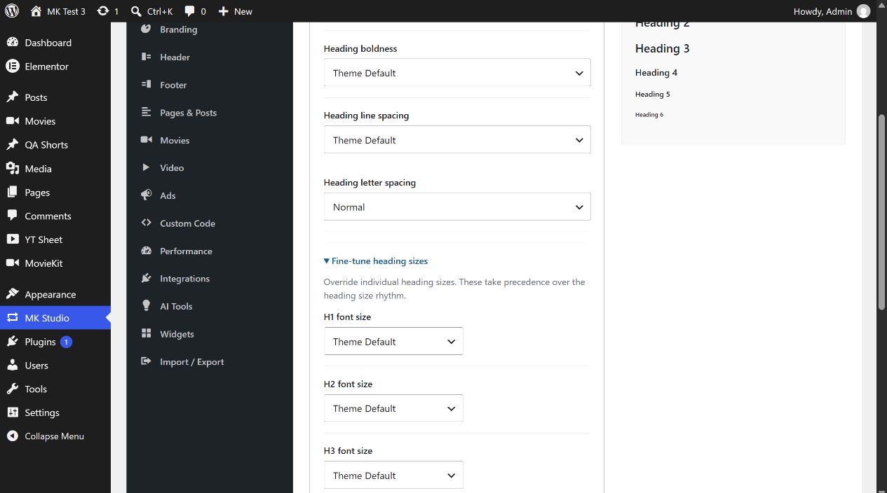 Headings controls and expanded H1 to H6 size selectors