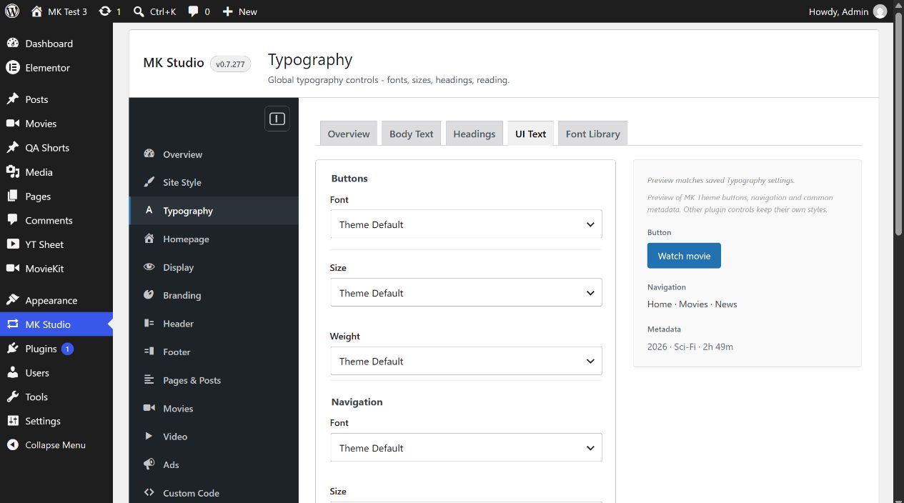 UI Text font, size and weight controls for buttons, navigation and metadata