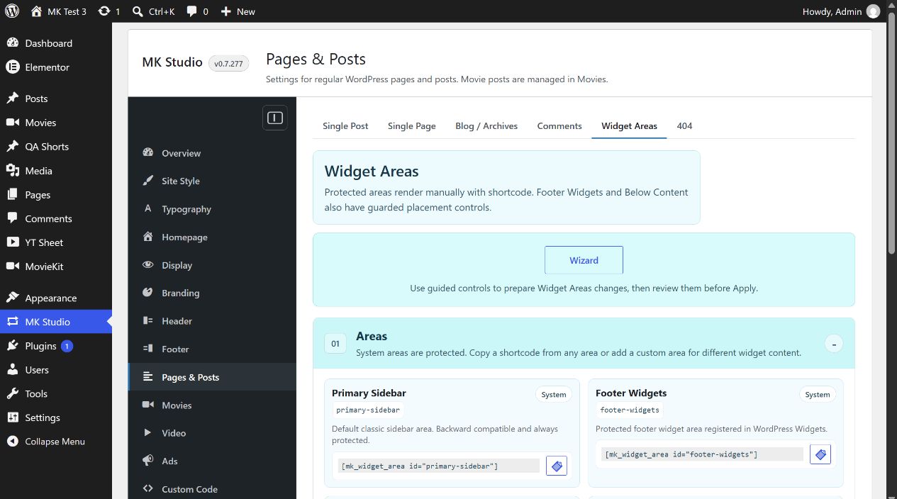 MK Studio protected widget areas and shortcode cards