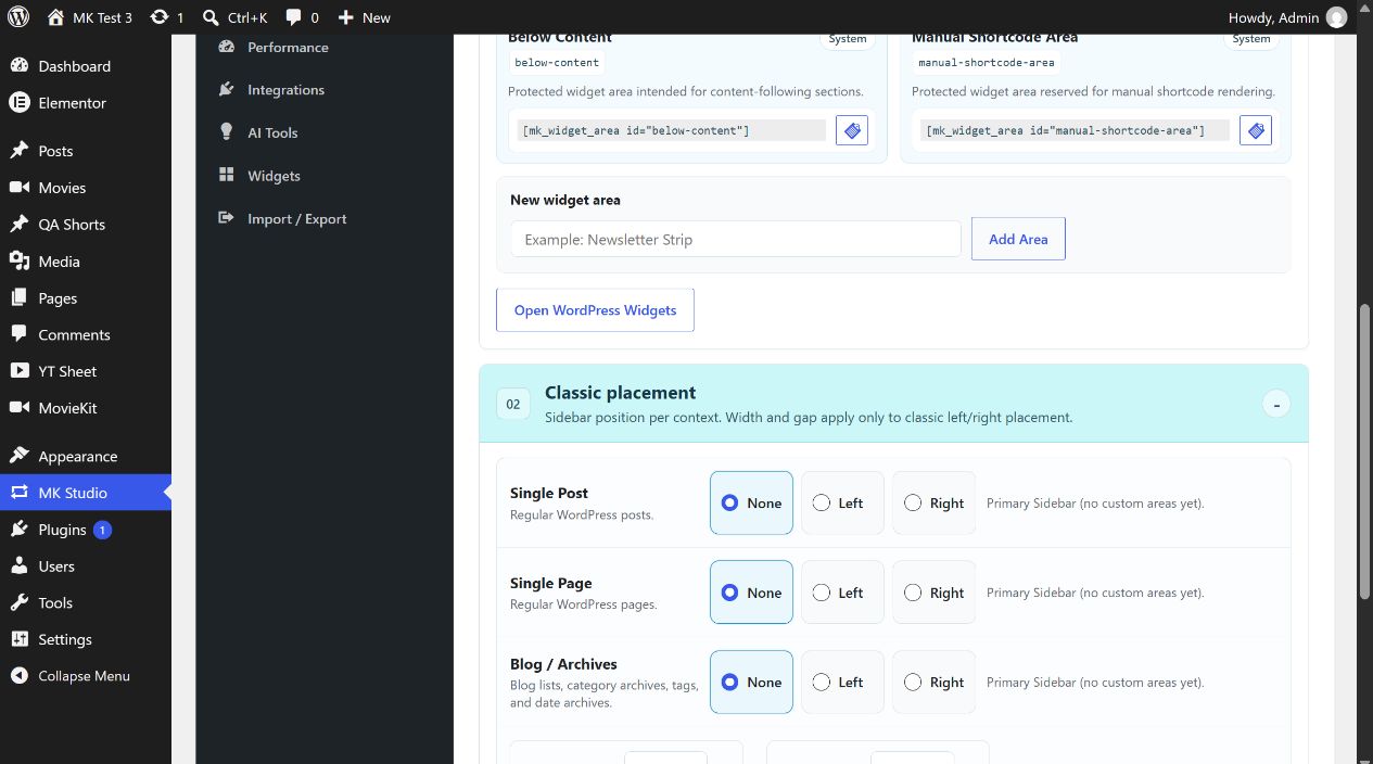 Classic widget sidebar placement by content type