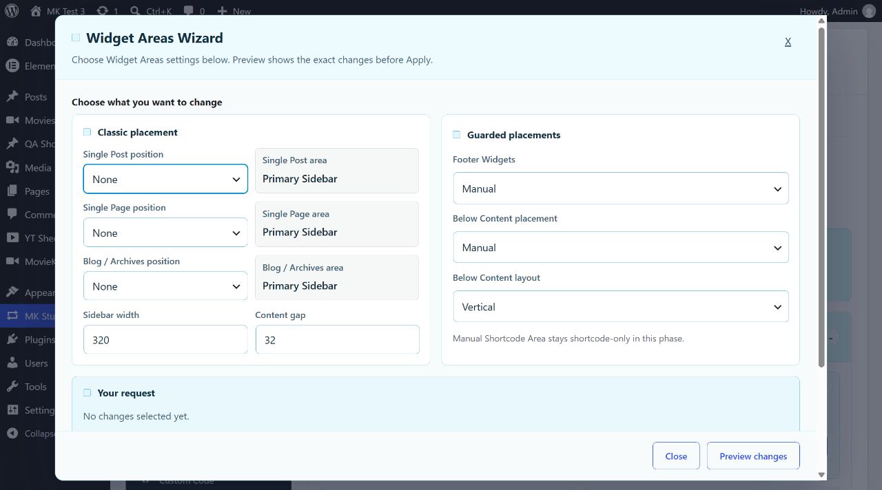 Widget Areas Wizard local guided controls