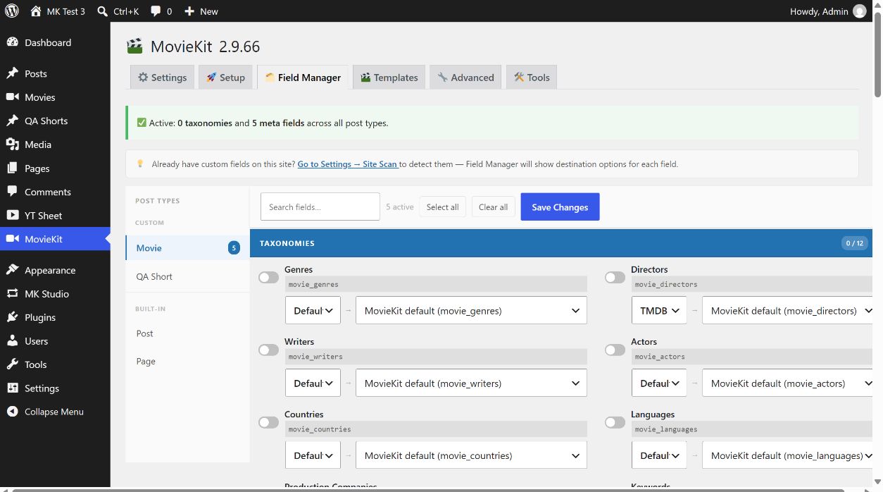 MovieKit Field Manager with the Movie post type selected and five active fields