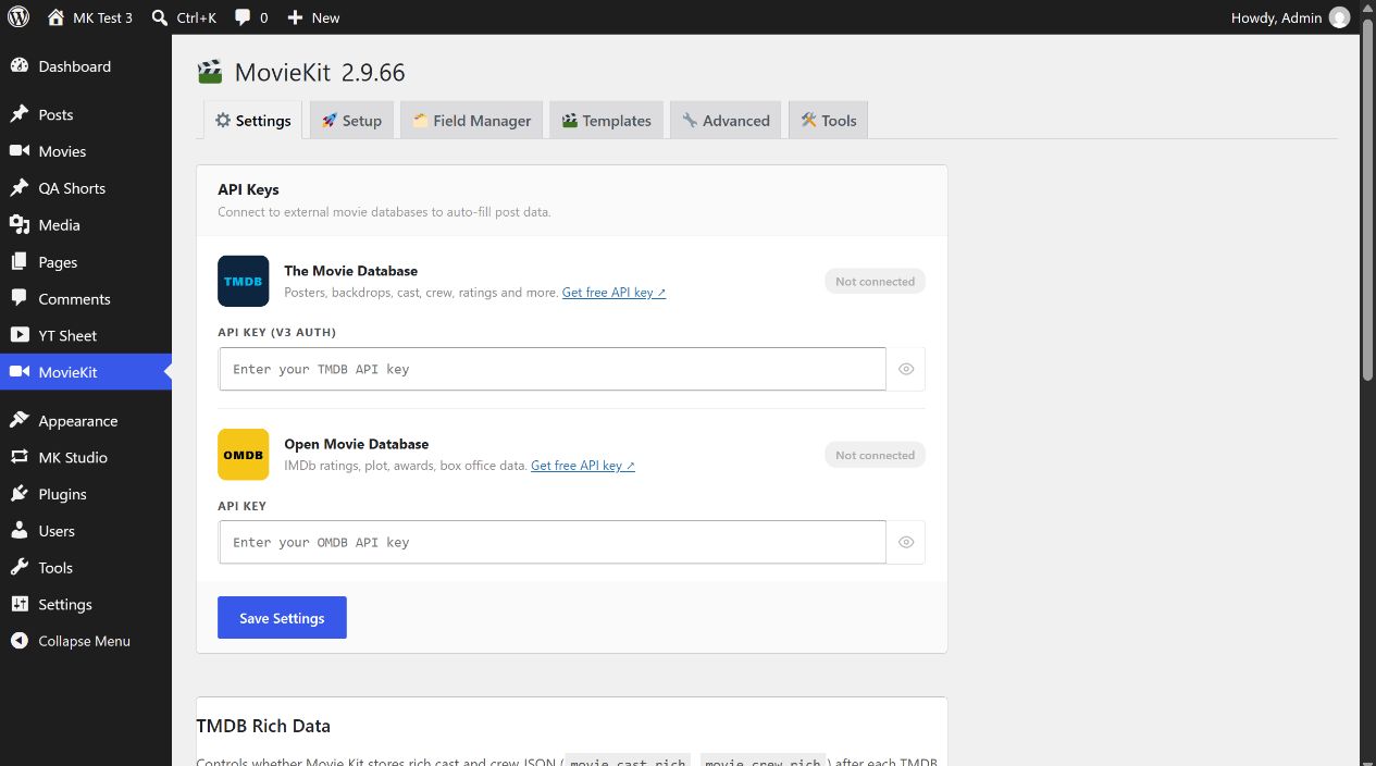 MovieKit Settings with empty TMDB and OMDB API key fields, rich data toggle, Site Scan and Cleanup