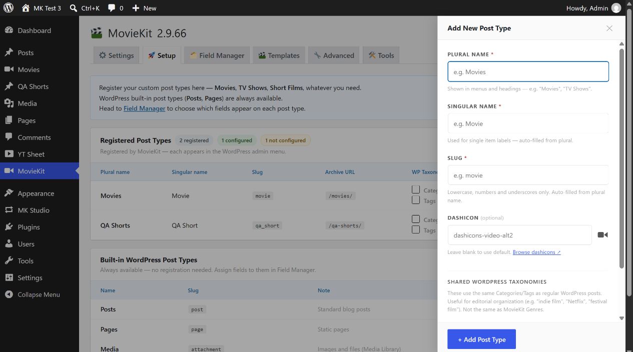 MovieKit Setup Add New Post Type drawer with names, slug, Dashicon and shared taxonomy choices