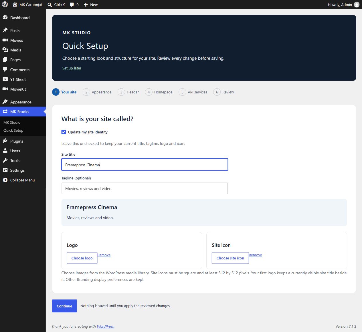 Quick Setup Your site step with the site title, tagline, logo and site icon controls