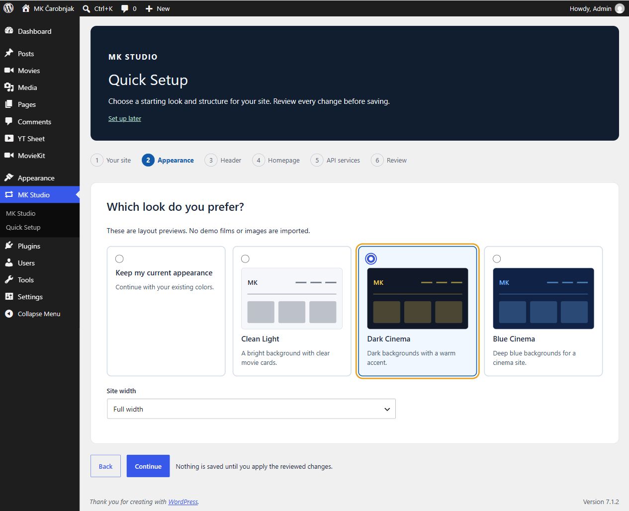 Quick Setup Appearance step with Clean Light, Dark Cinema, Blue Cinema and site width