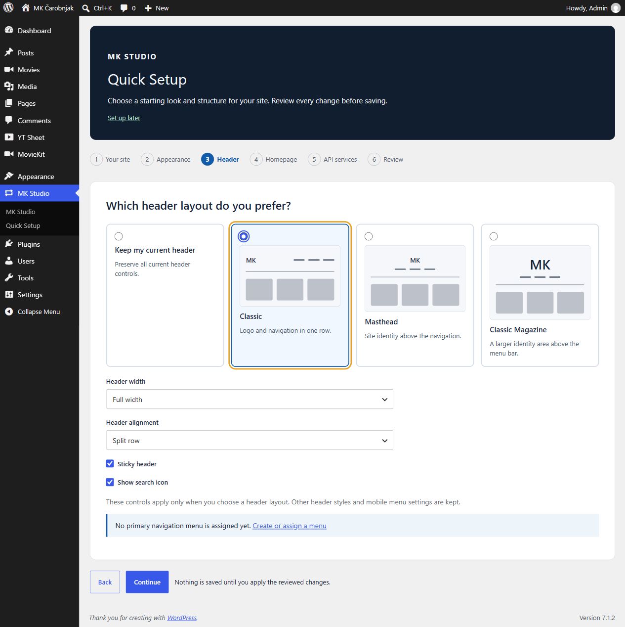Quick Setup Header step with Classic, Masthead, Classic Magazine and layout controls