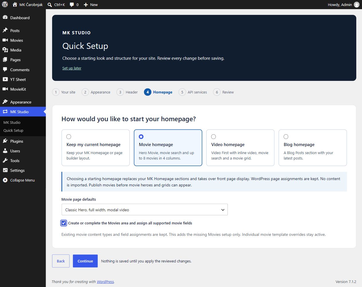 Quick Setup Homepage step with Movie homepage, movie template defaults and Movies configuration