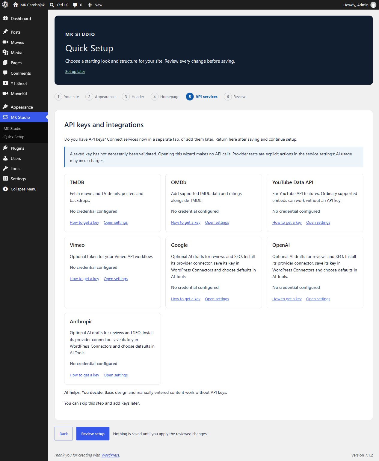 Quick Setup API services step with configuration status and links for film data, video and AI services