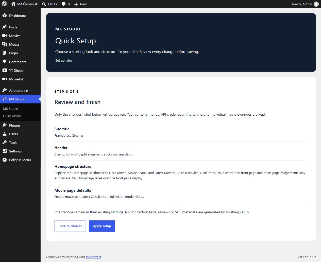 Quick Setup Review and finish screen showing the actual changes and Apply setup button