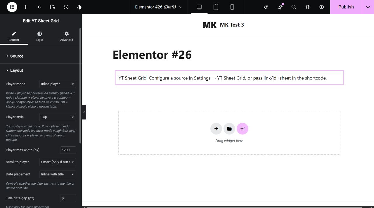 Elementor Layout controls for the YT Sheet widget