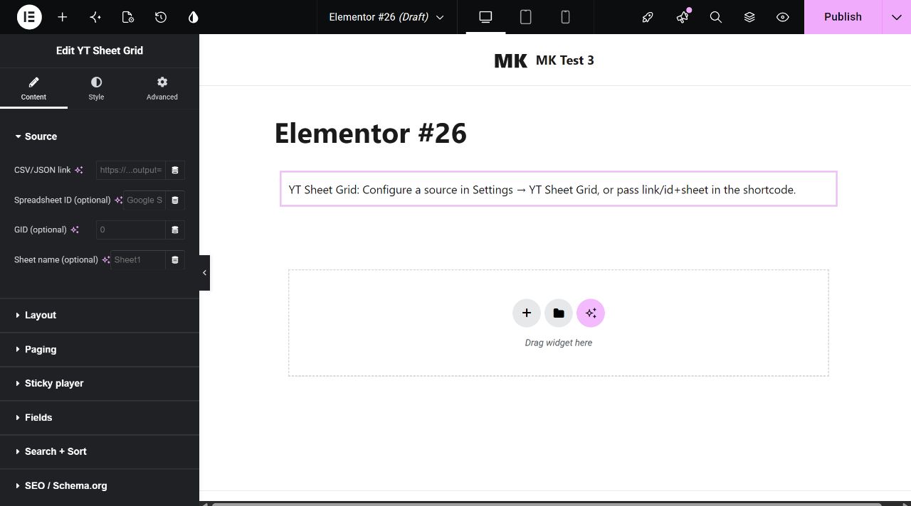 YT Sheet Grid widget in Elementor with Source controls