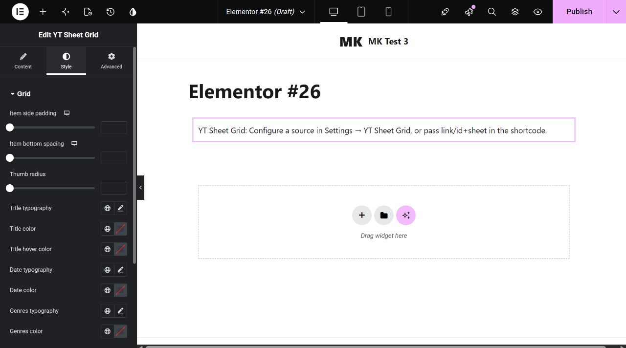 YT Sheet Grid Elementor Style tab and Grid controls