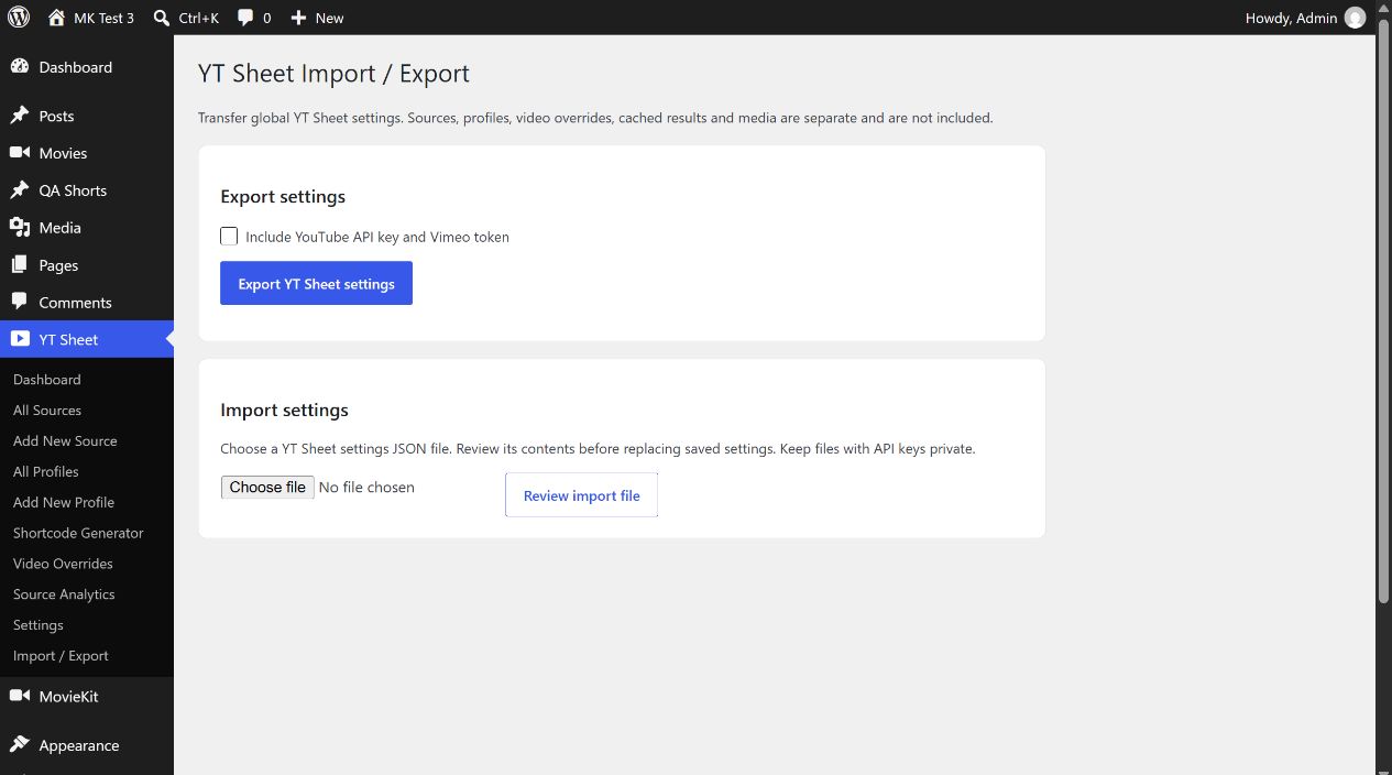 YT Sheet Import Export screen with credential checkbox and JSON upload