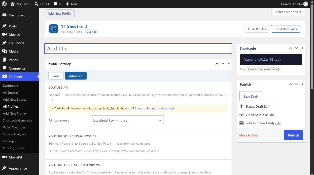 YT Sheet Profile Settings Advanced tab with YouTube API and country controls