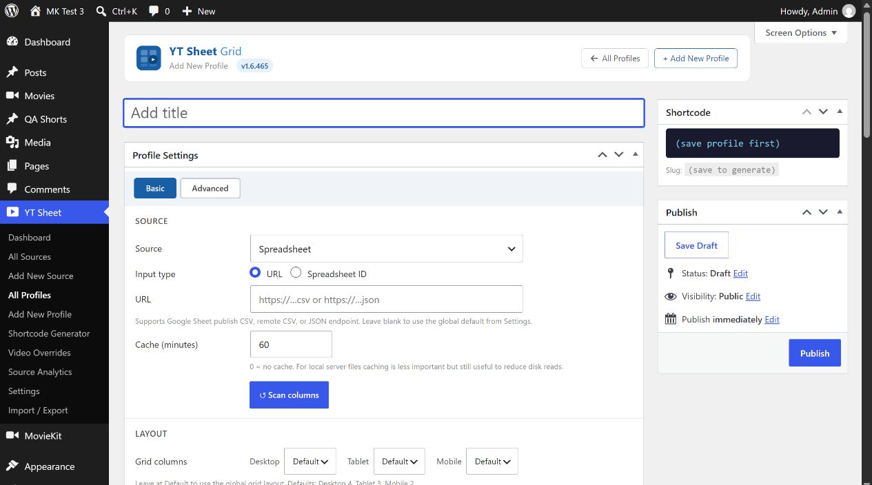 YT Sheet Profile Settings Basic tab