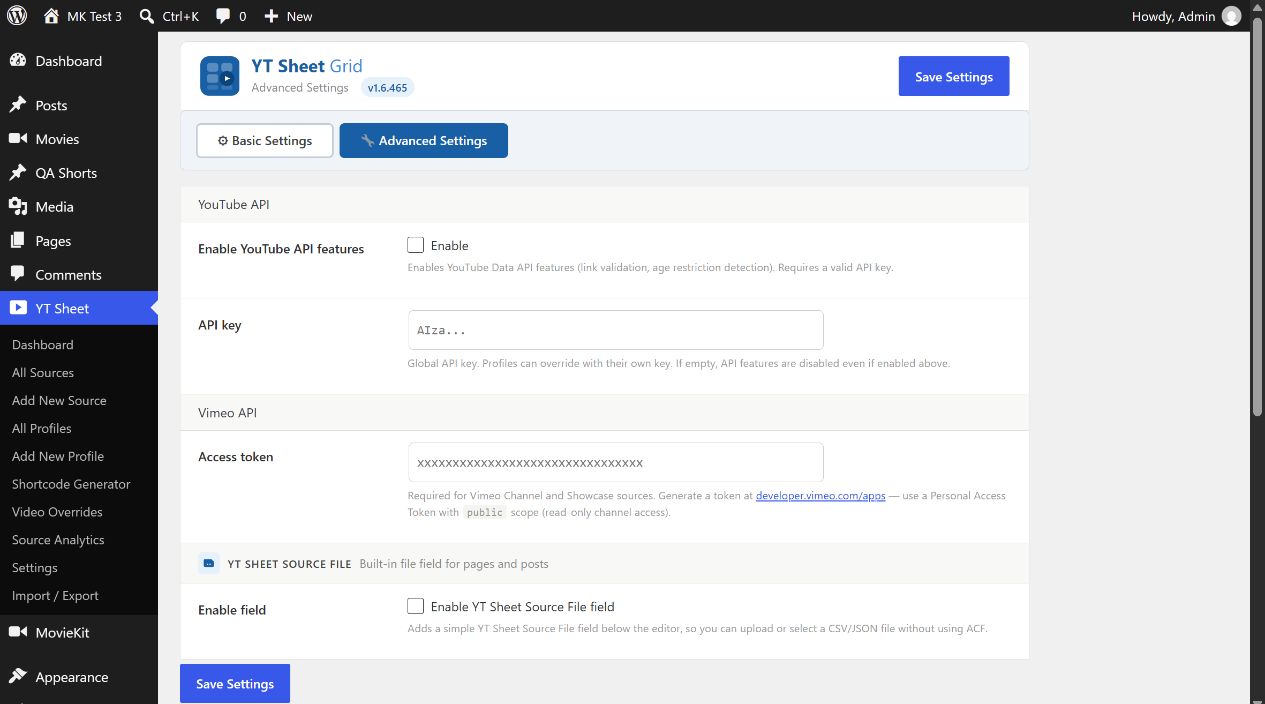 YT Sheet Advanced Settings showing empty provider credentials and Source File toggle
