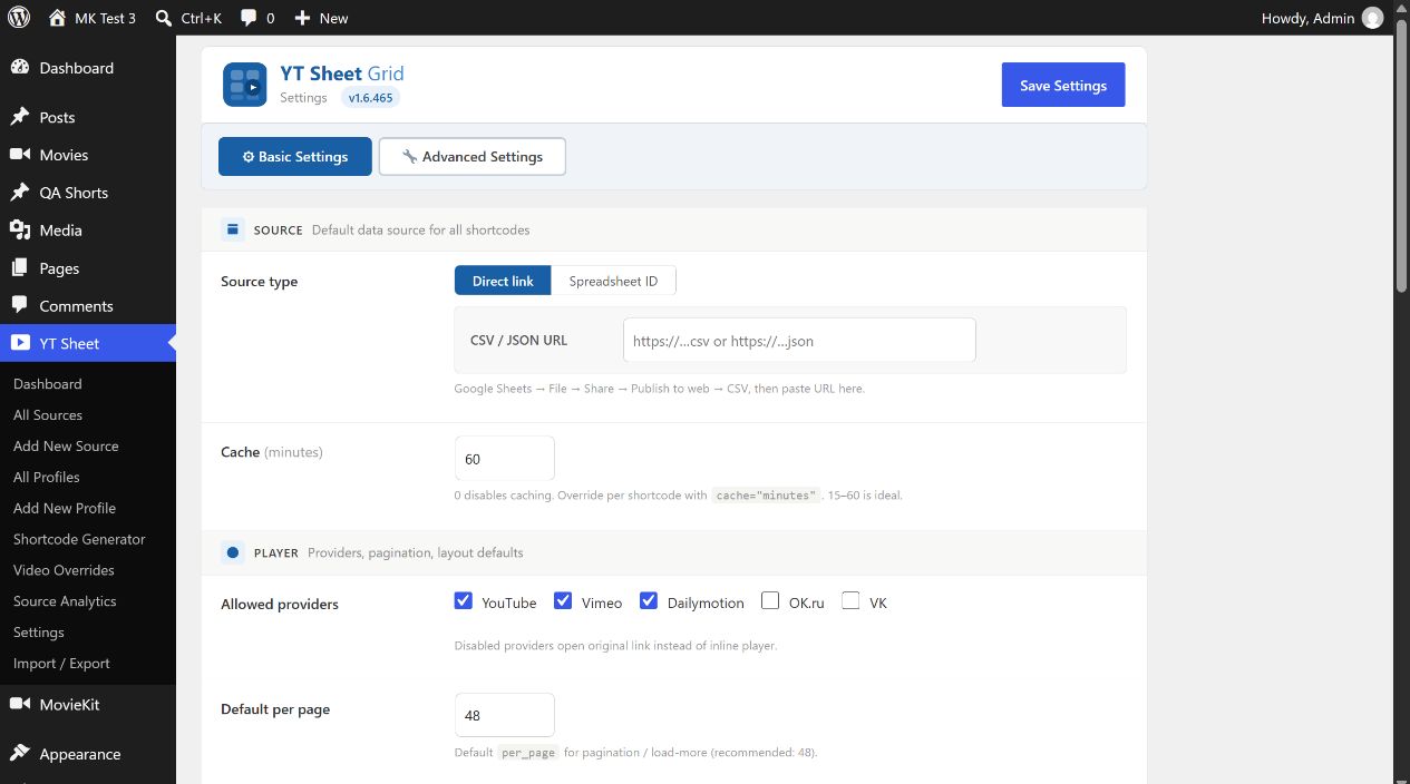YT Sheet Basic Settings
