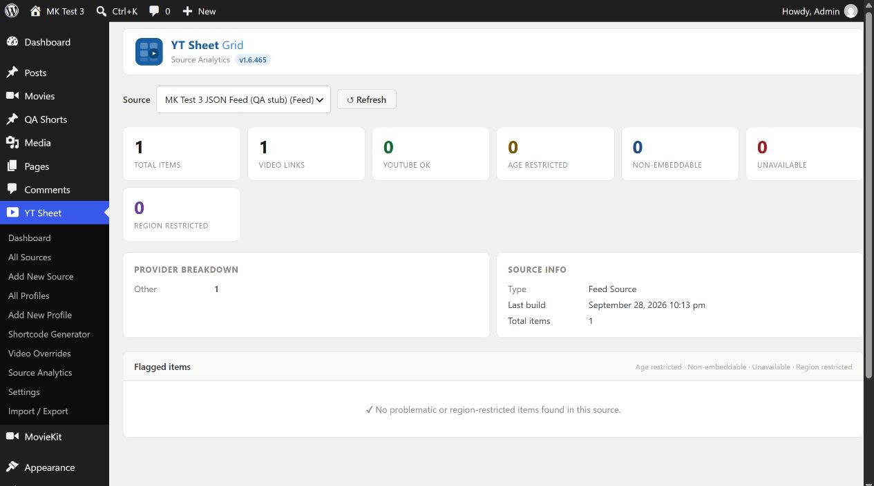 YT Sheet Source Analytics with source selector, status counts and provider breakdown