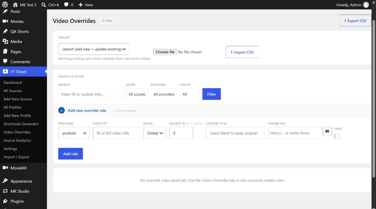 YT Sheet Video Overrides page with filters, CSV controls and the expanded Add rule form