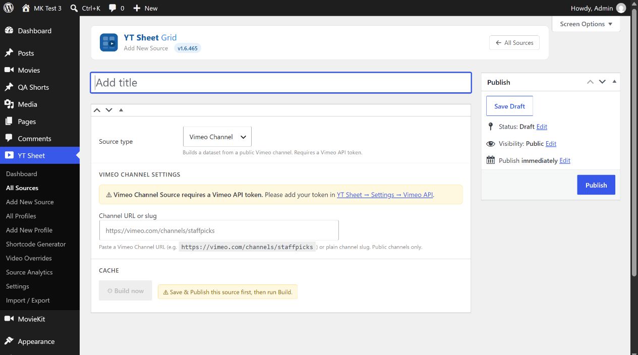 YT Sheet Vimeo Channel Source showing token warning and channel URL field