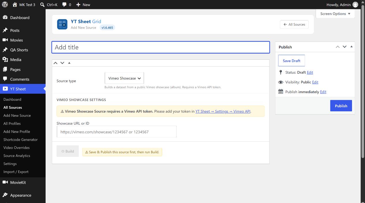 YT Sheet Vimeo Showcase Source showing showcase URL or ID field and token warning