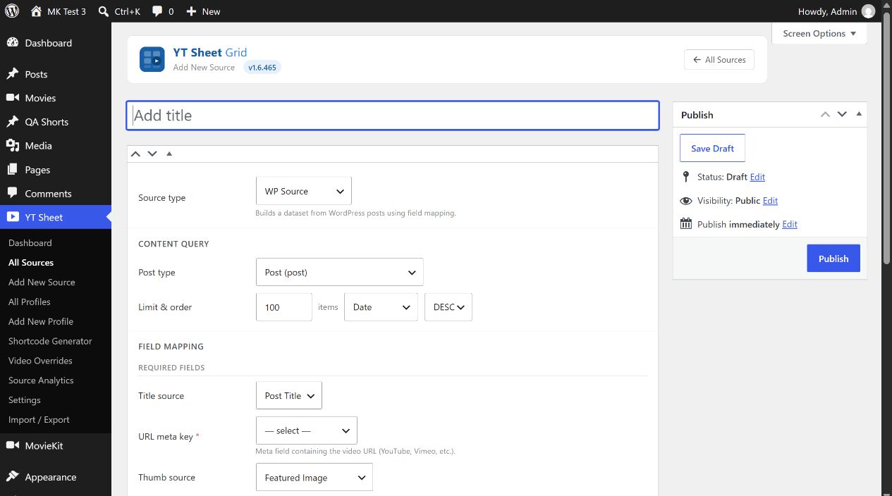 YT Sheet WP Source content query and field mapping