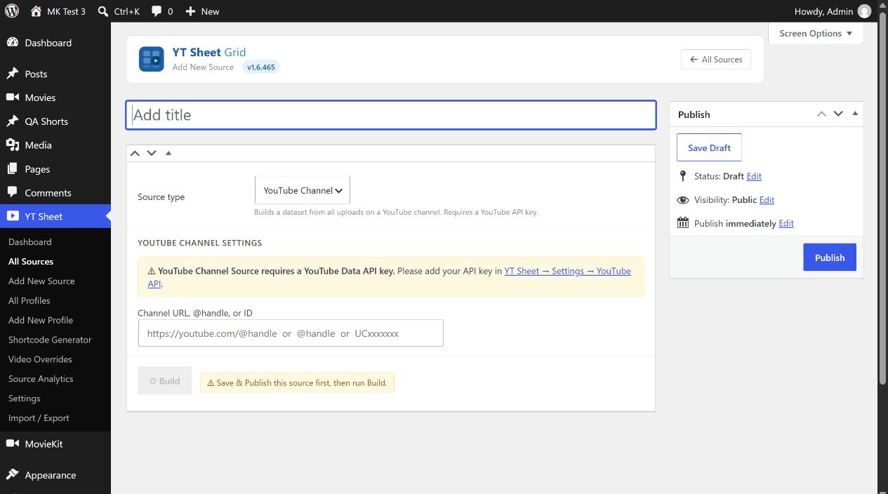 YT Sheet YouTube Channel Source with channel identifier field and missing key warning