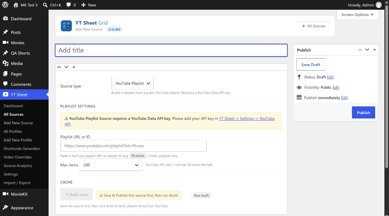 YT Sheet YouTube Playlist Source with empty API key warning