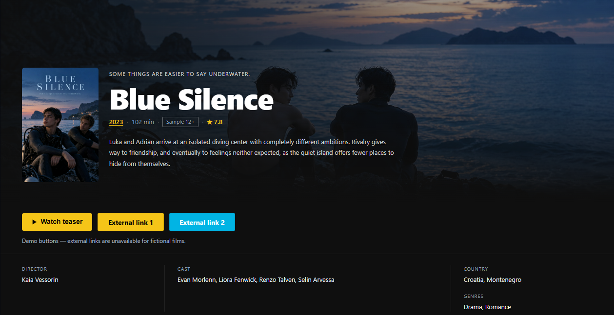Fictional demo film layout screenshot for Blue Silence