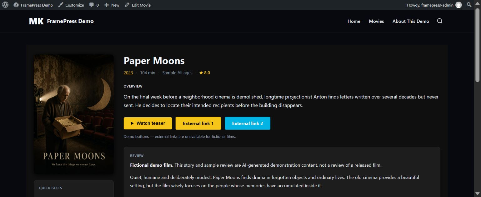 Fictional demo film layout screenshot for Paper Moons
